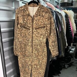 Floral Cotton Free People Jumpsuit Brown Tan Cream Neutral Yellow